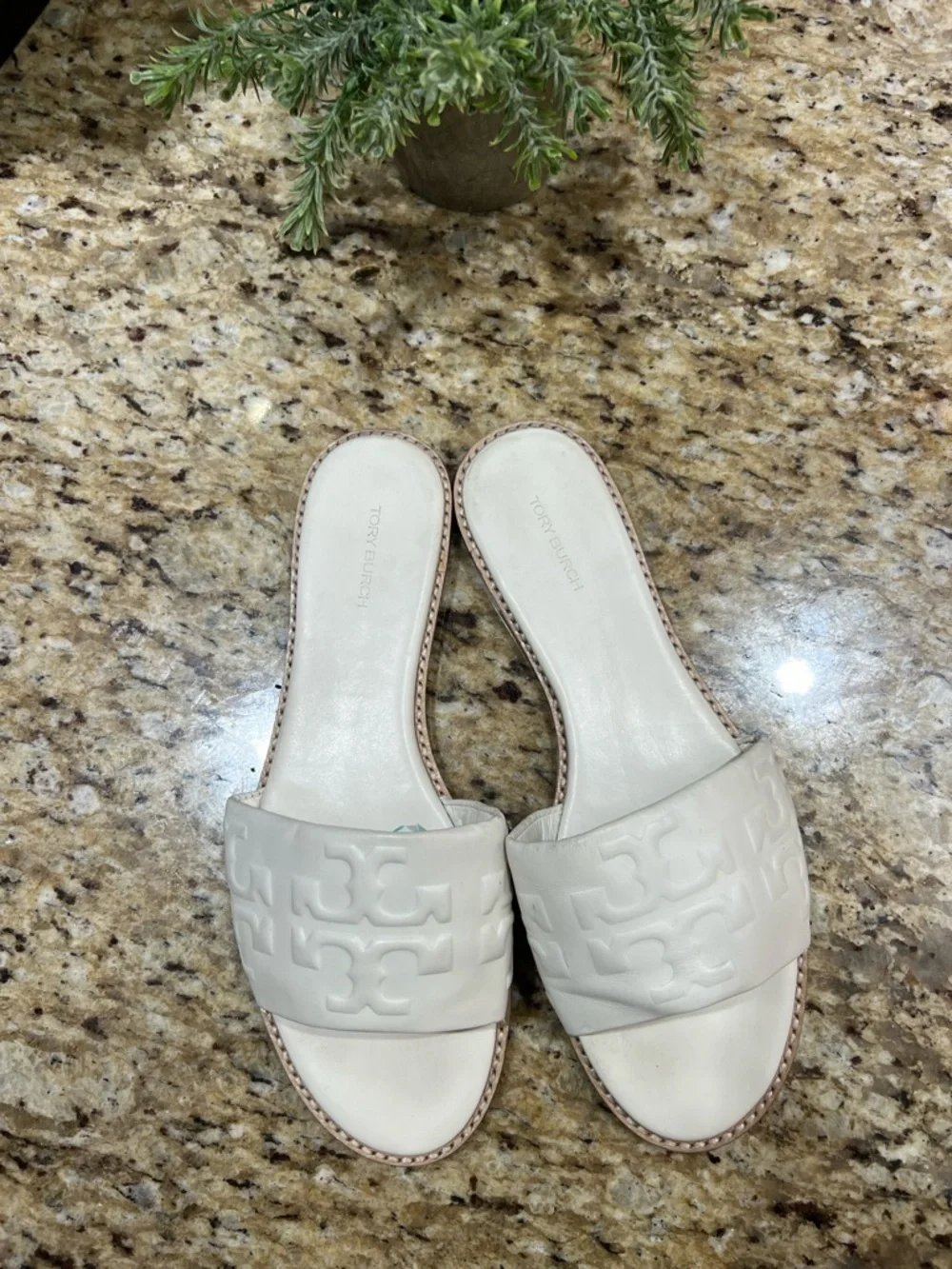 Tory Burch Everly High Frequency White Logo Embossed Slide Sandals 9.5M